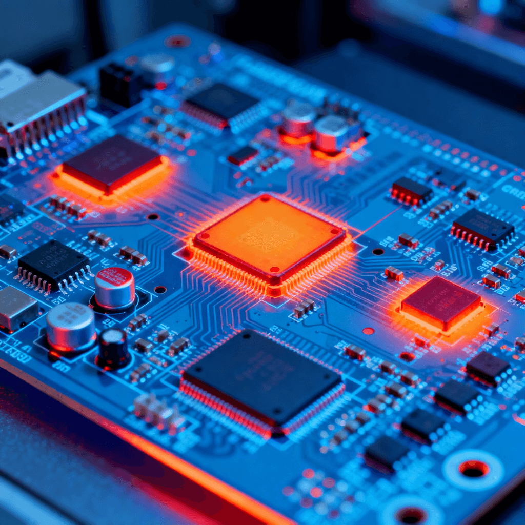 電路板可靠性測試熱成像圖，顯示高溫工作狀態下的熱量分布