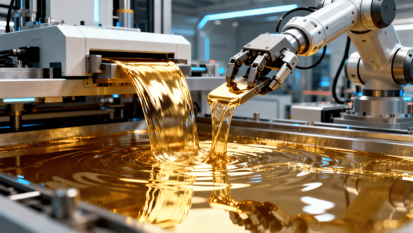 未來高科技的PCB鍍鎳金工藝，展示無氰鍍金技術與自動化生產線，機器人臂操作現代化設備