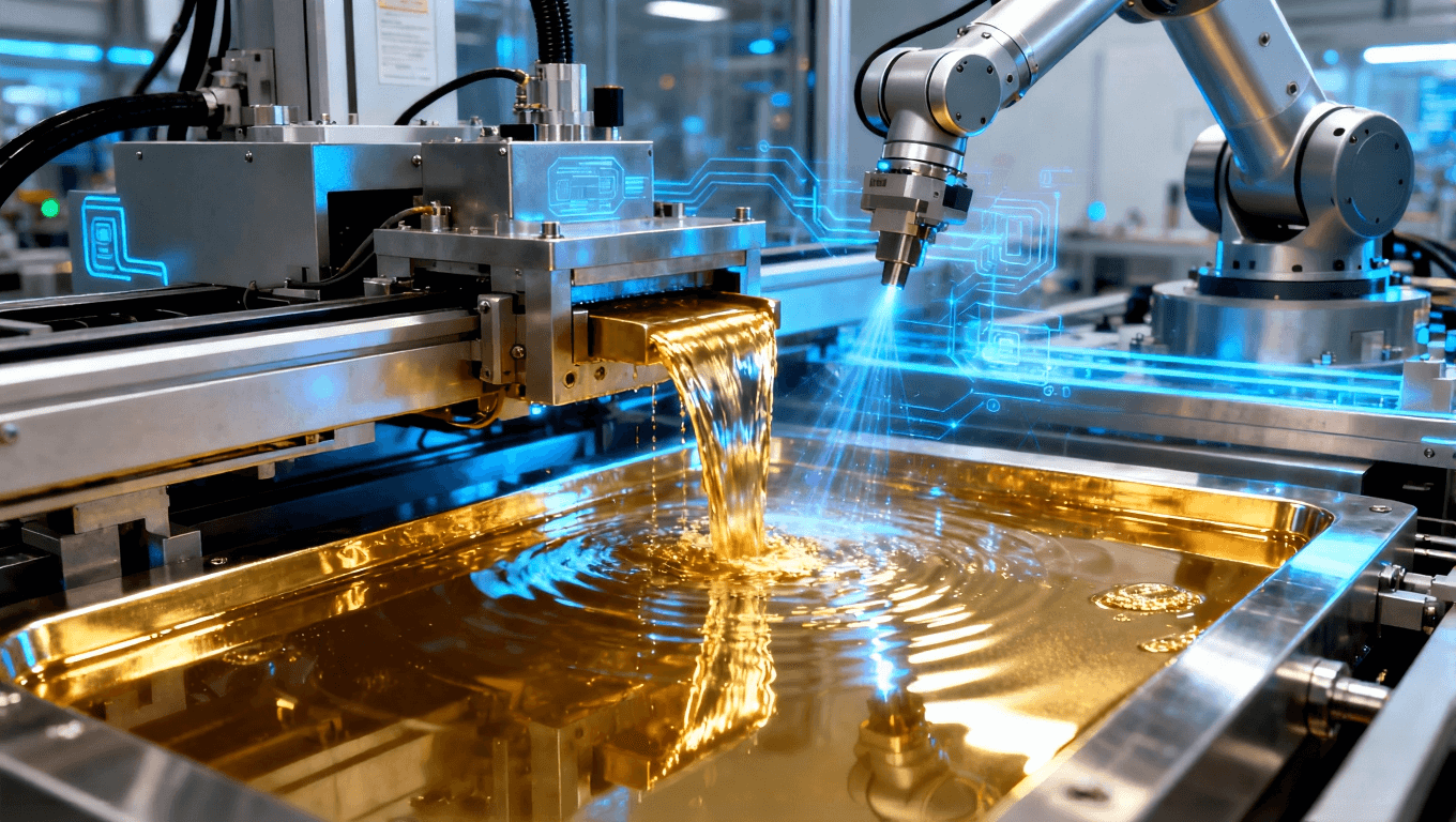 展示無氰鍍金工藝設備與自動化生產線，體現先進的生產技術與高效操作