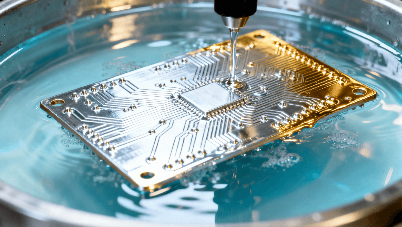 電路板鍍鎳金過程中的細節，顯示鍍層的均勻性與光澤