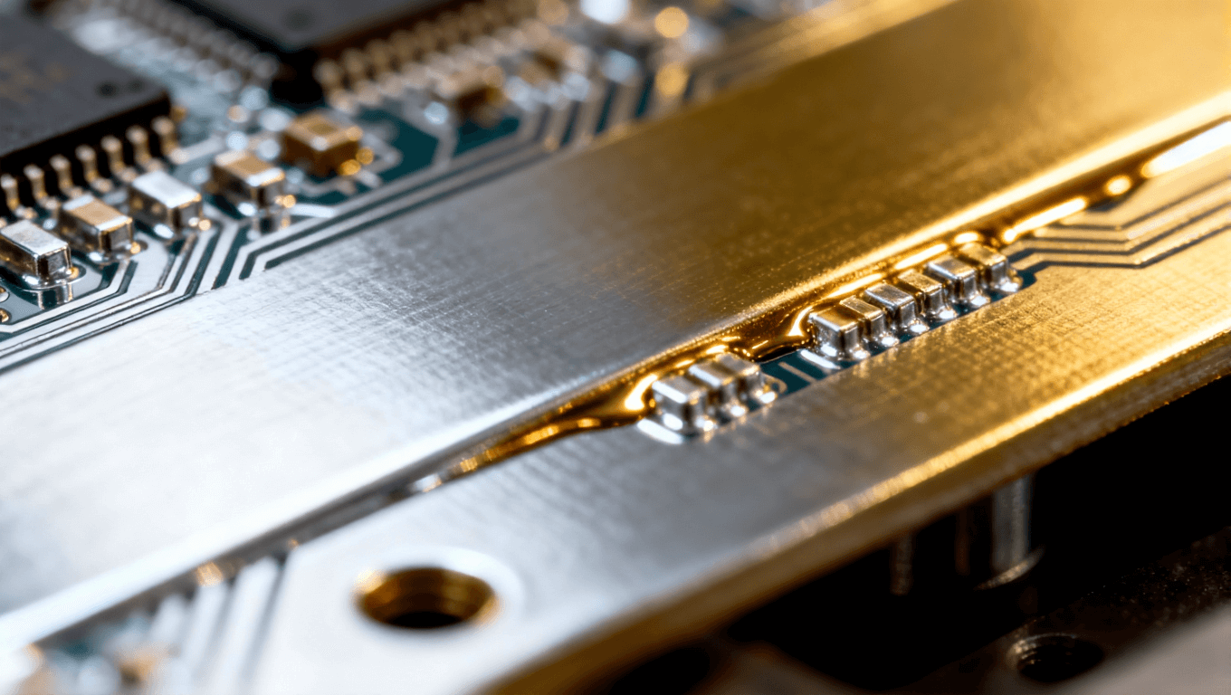 精密電路板表面處理，展示鎳金鍍層沉積的細節，體現專業制造環境中的光亮金屬質感