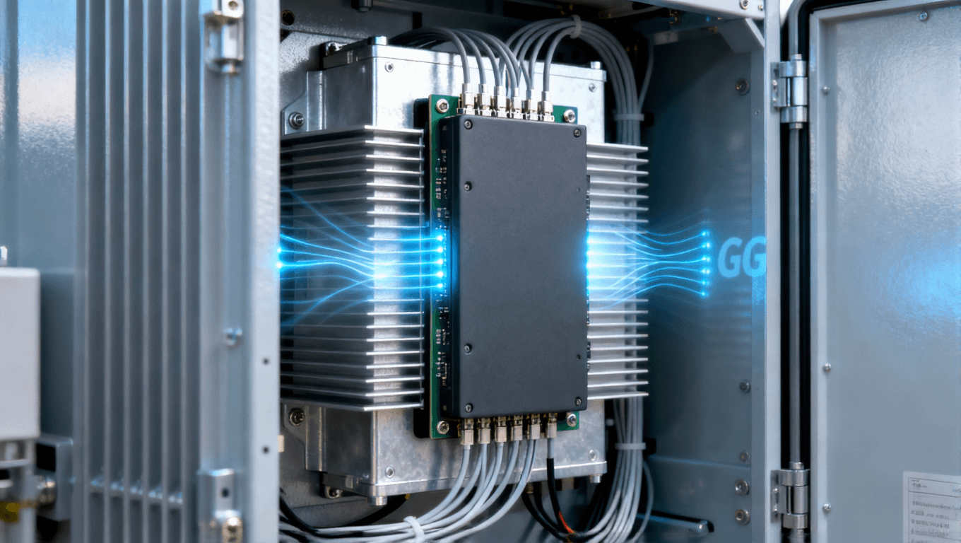 5G 基站 AAU 內部 阻抗控制板與散熱片特寫