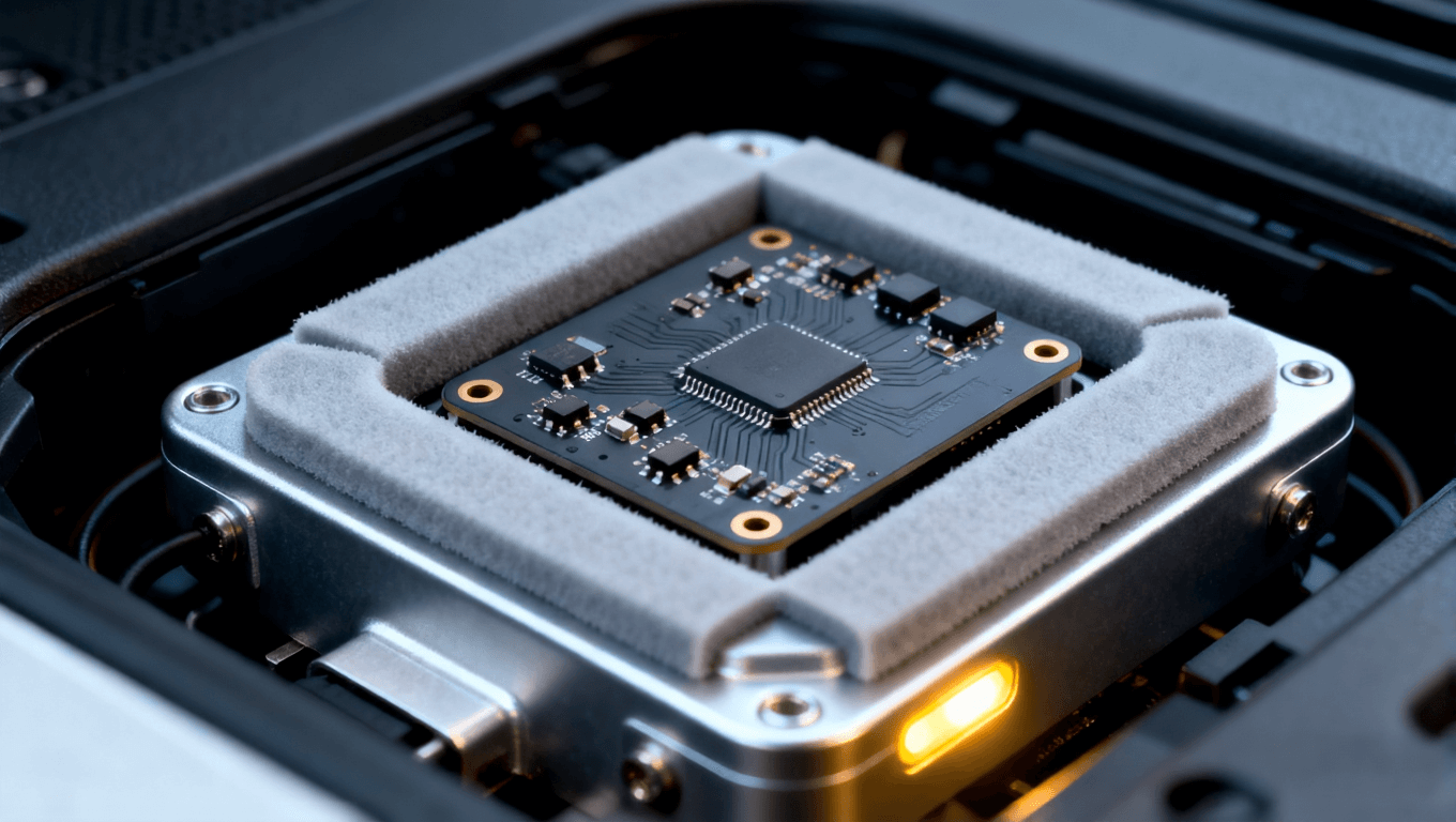 車載雷達內部 阻抗控制板與防震橡膠墊安裝場景