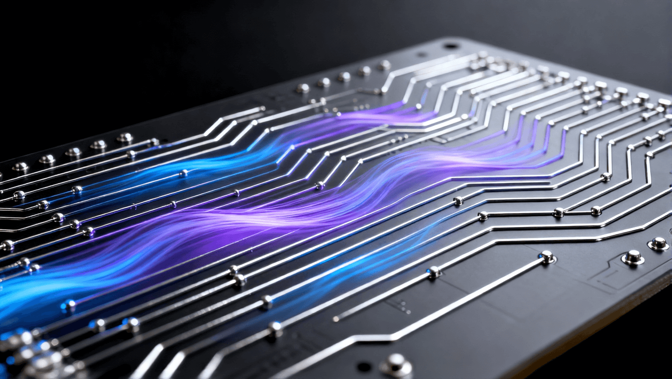 深灰色 PCB 板特寫 藍紫色光帶模擬高頻信號穩定傳輸