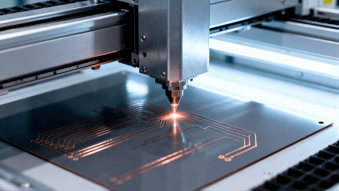 無塵車間內 激光束蝕刻 PCB 板走線的工業場景