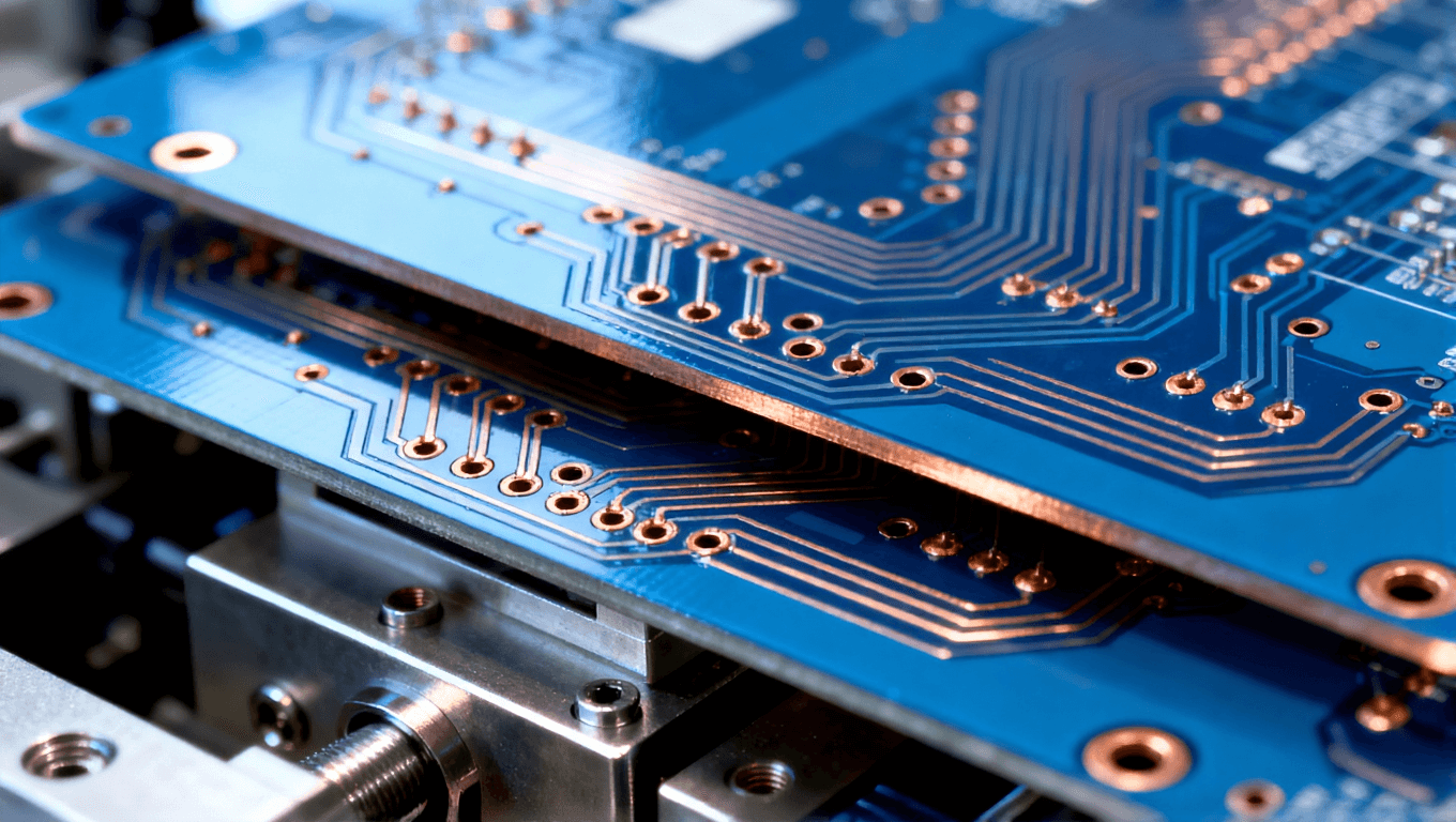 高精度PCB，展示復雜的銅鍍層和層間連接，突顯制造過程中的精密細節