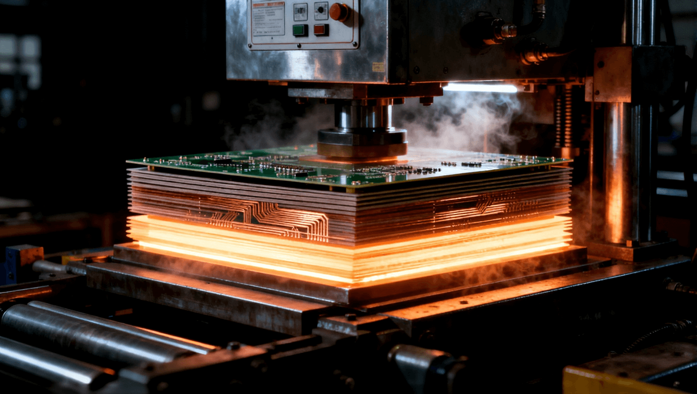 高溫高壓PCB層壓過程，展示PCB層間的精準壓合和高壓設備