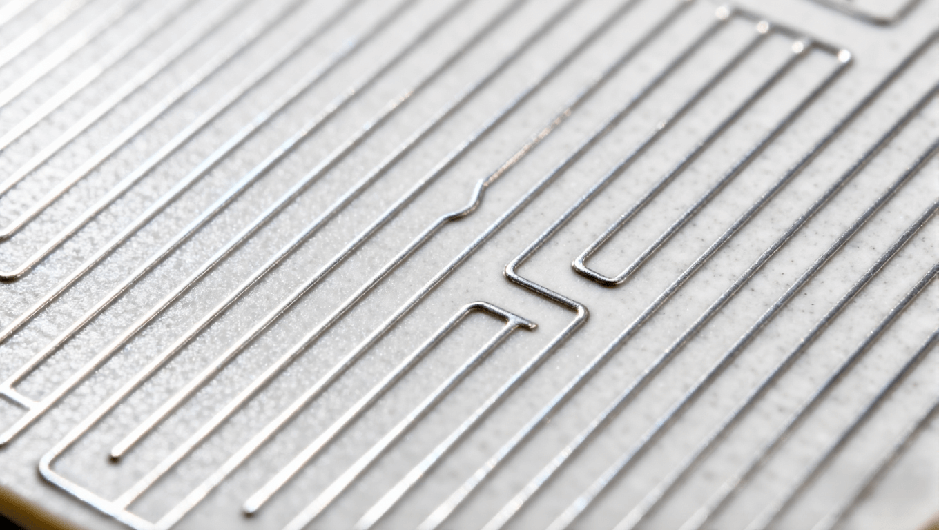 淺灰色陶瓷基板表面分布著間距一致的10-20μm超精細銀灰色金屬線路