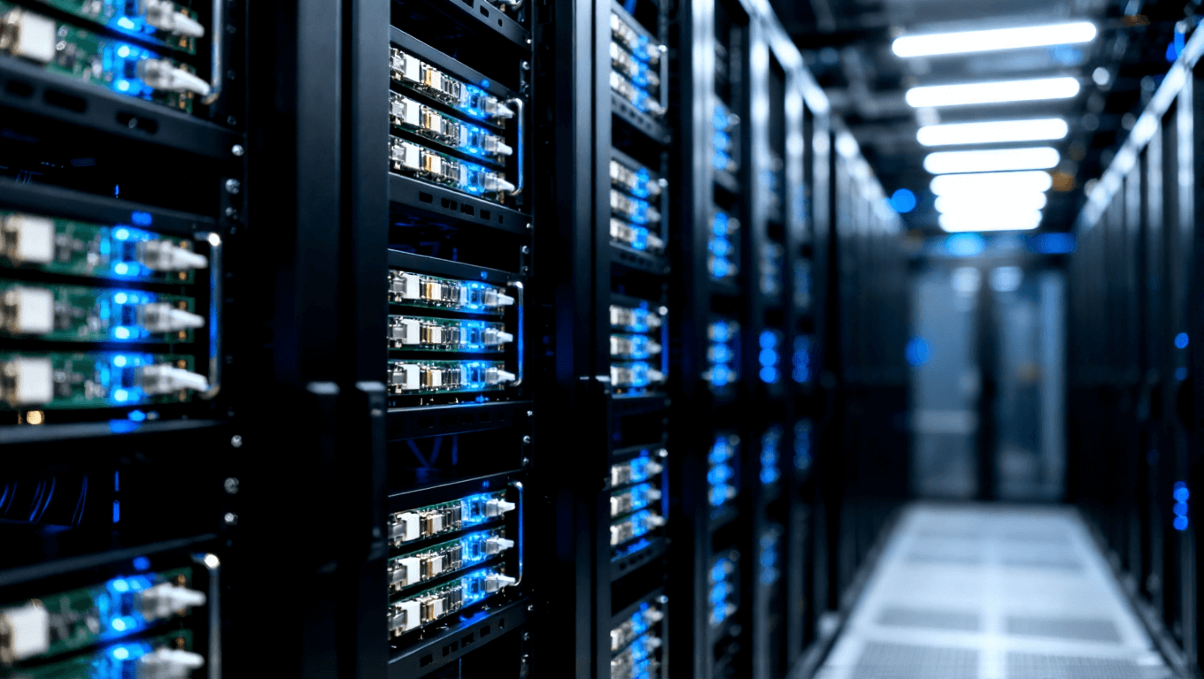 數據中心服務器機架中嵌入的多組光模塊陣列隱約可見內部封裝基板