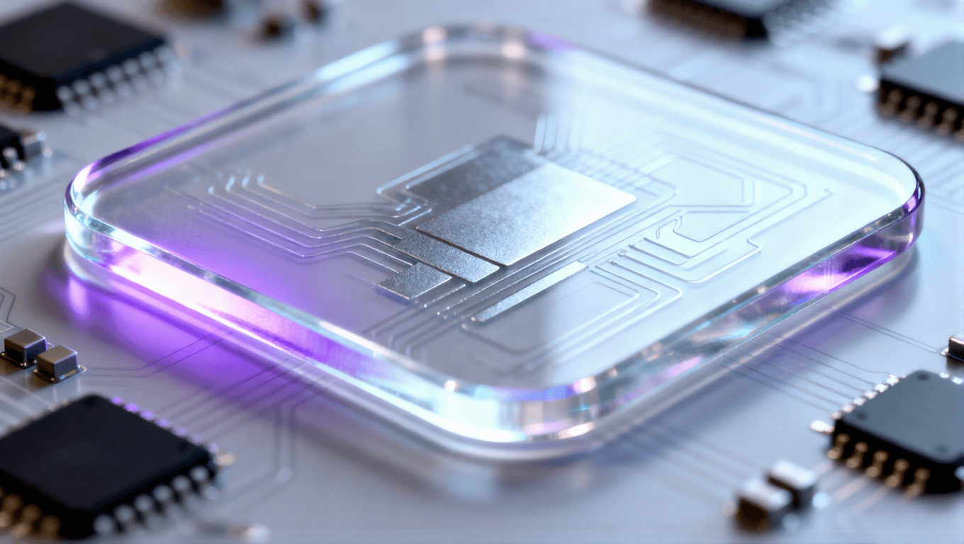 半透明玻璃封裝基板內部隱約可見金屬線路布局且環繞著微型芯片