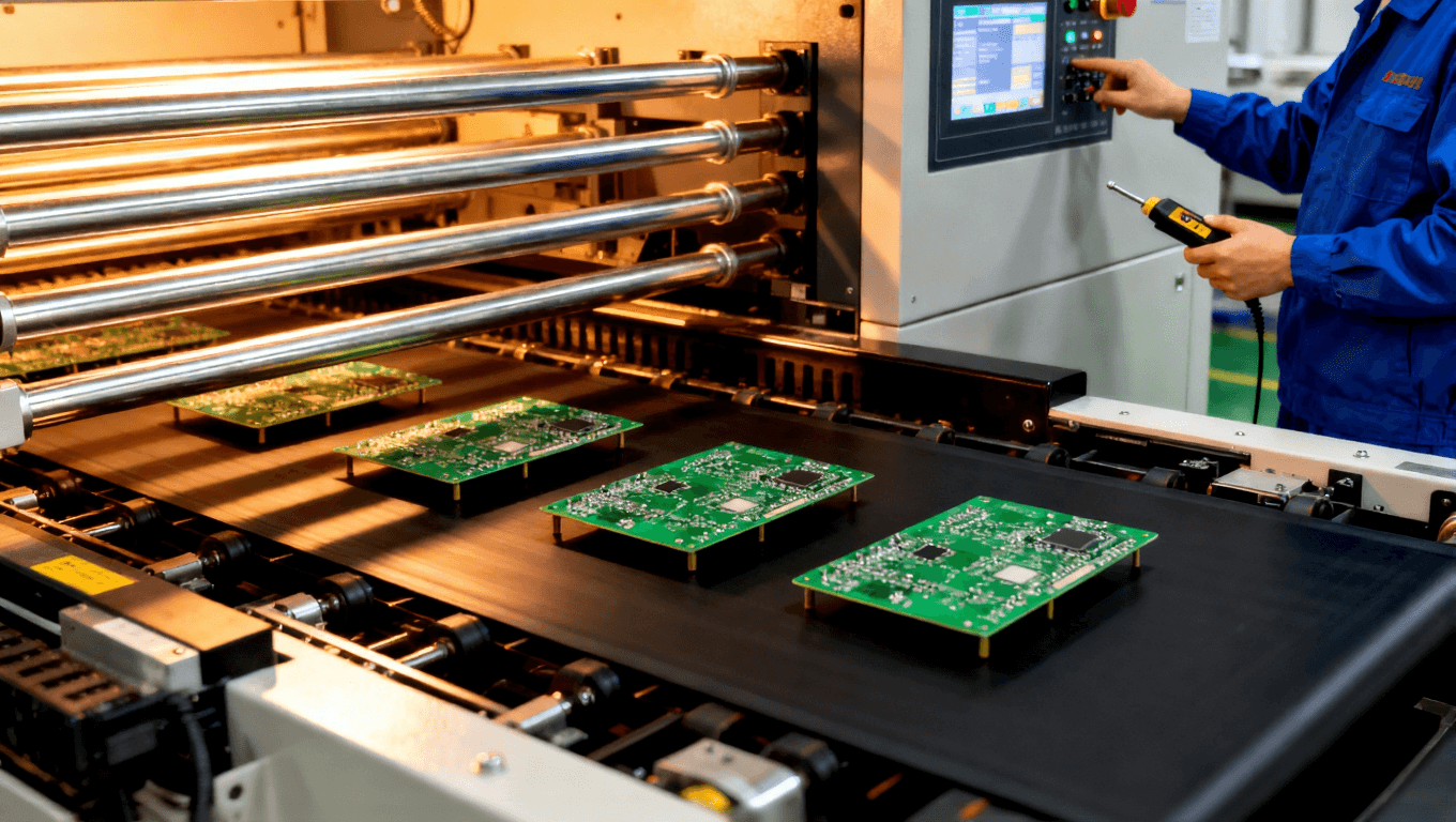 PCB焊接設備校準與維護場景，突出焊接工藝優化中的設備穩定性控制