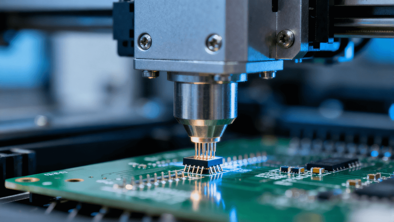 SMT貼裝精度操作場景，表現電子制造中元件貼裝的精準把控，提升焊接良率的關鍵步驟