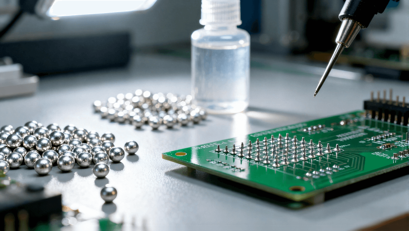 PCB焊接材料選型場景，展示焊料和助焊劑在電子制造中的應用，強調高精度焊接質量控制