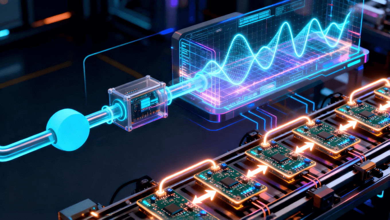 高頻板材選型標準化流程抽象圖，從需求輸入到參數匹配、仿真驗證再到批量生產的可視化流程