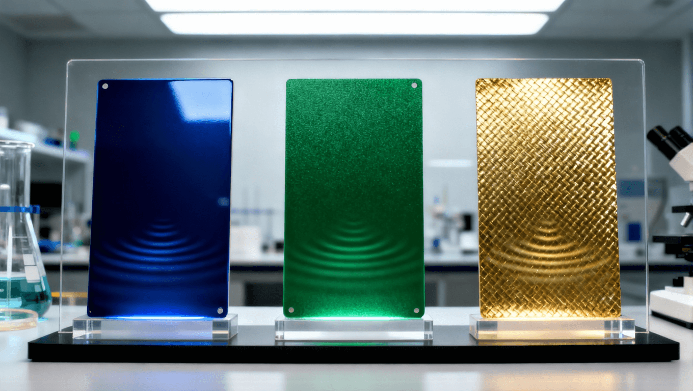 羅杰斯高頻板材樣品展示，不同介電常數對應的表面質感與能量場，體現參數對信號傳輸的影響