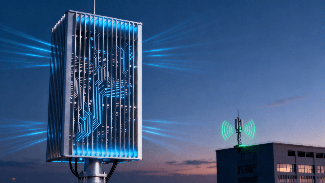 5G宏基站與微基站天線在黃昏環境下的工作場景，藍色與綠色信號波束展示不同覆蓋需求