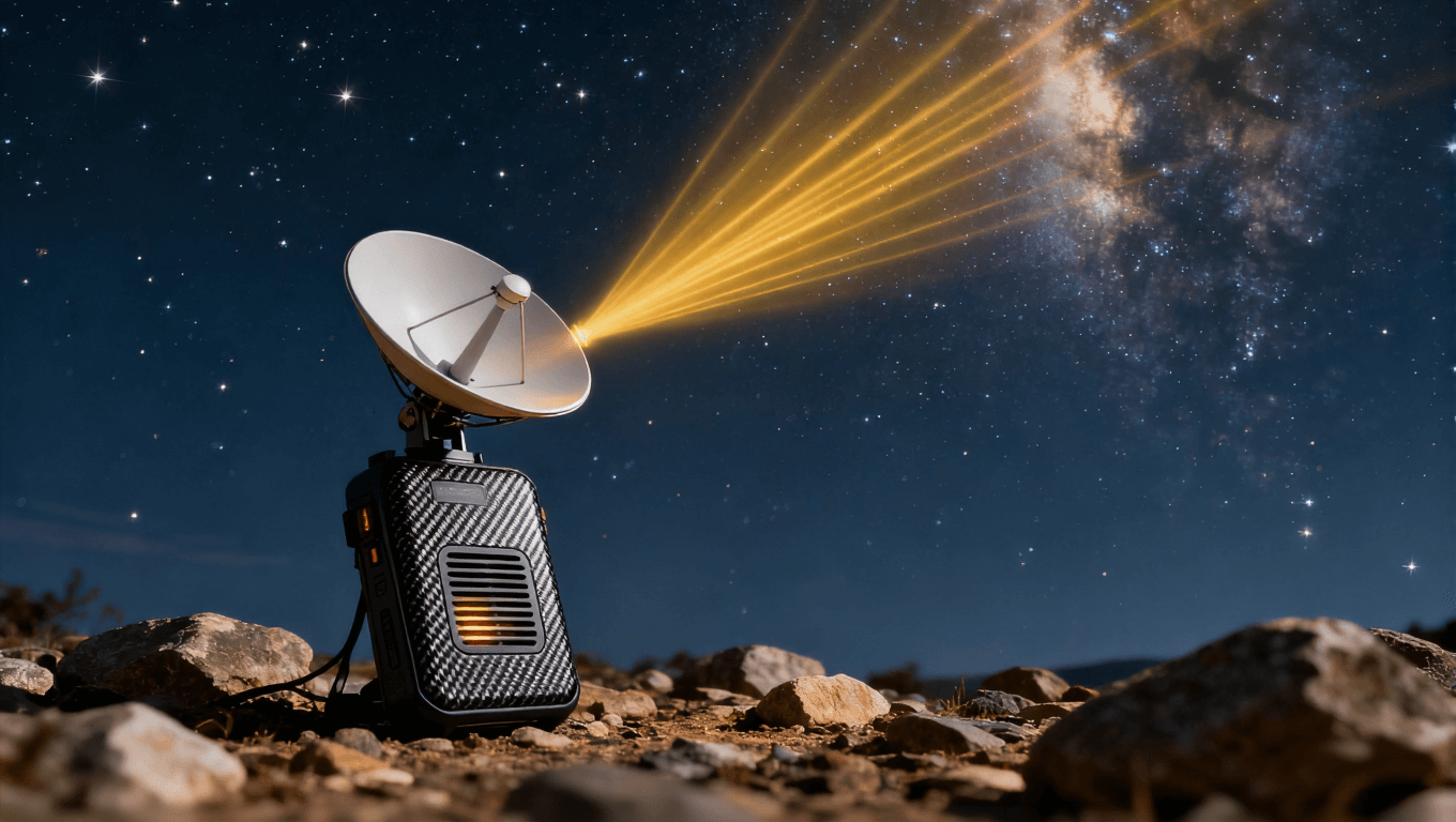 便攜衛星通信終端在星空下發射金色信號流，體現Ka波段傳輸與戶外環境適應性