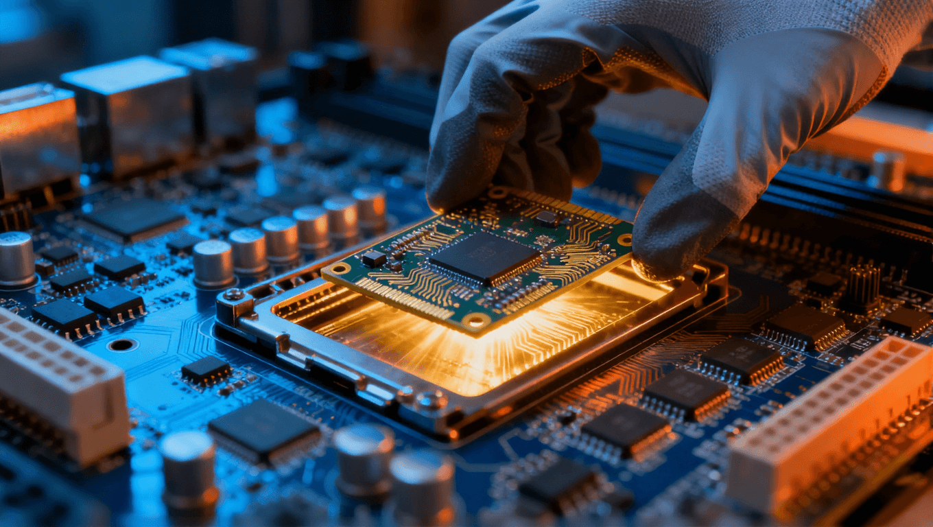 工程師將高頻電路板精準嵌入系統主板，金色光芒體現參數匹配與性能優化的完美結合