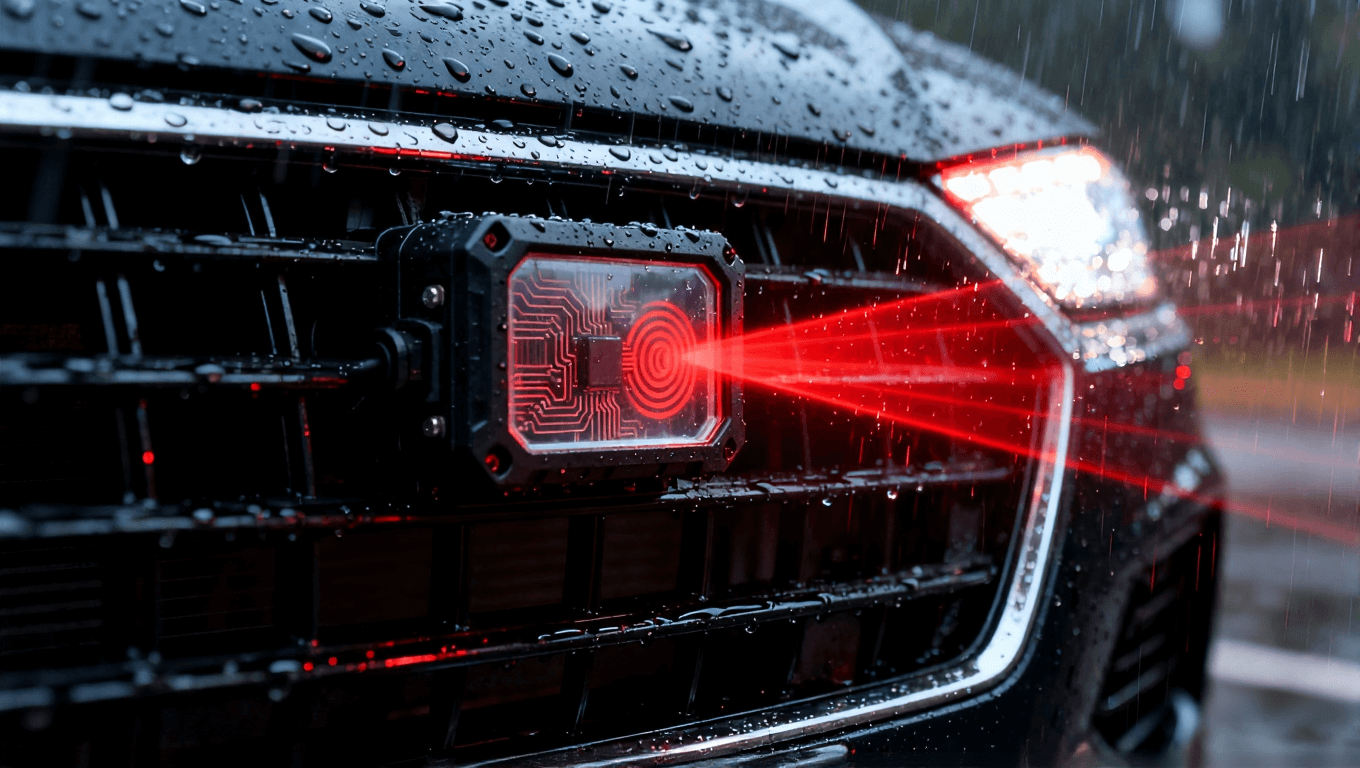 車載雷達模塊在雨夜中發射紅色波束，強調其在惡劣環境下的密封可靠性及內部高頻電路結構