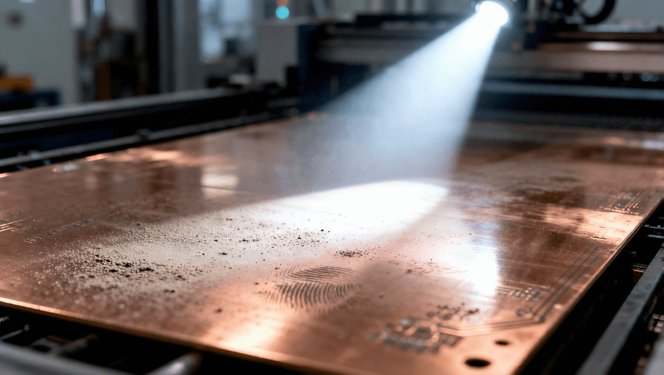 光線照射下PCB基板表面顯現污染物，強調清潔度對阻焊附著力的影響