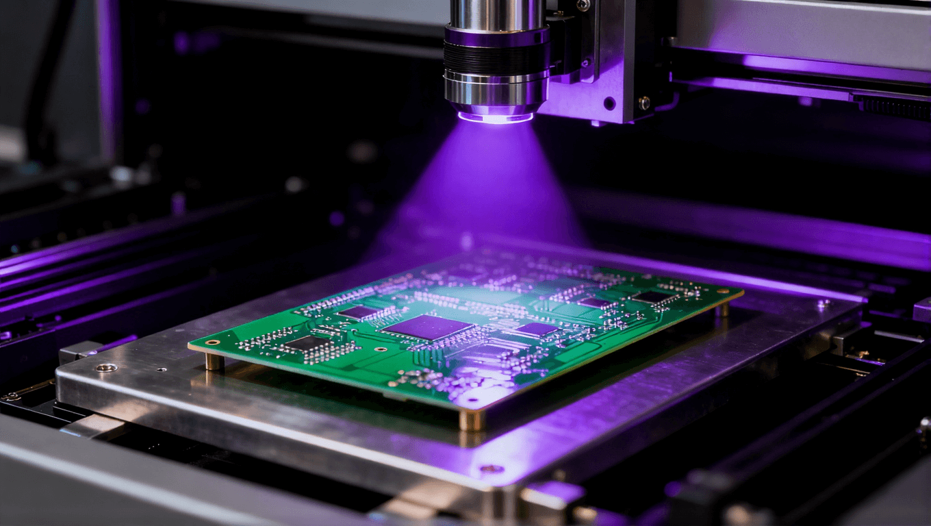 PCB阻焊層在紫外光線下進行精準曝光固化的瞬間