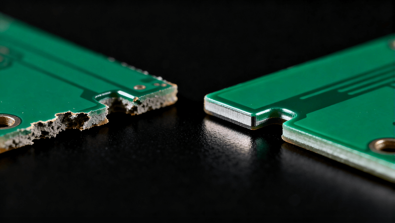 PCB阻焊橋工藝優化前后效果對比微距照片，左為問題板，右為優化后良品