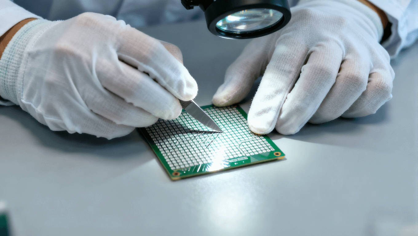 質檢員在PCB阻焊層上進行附著力百格測試的特寫鏡頭