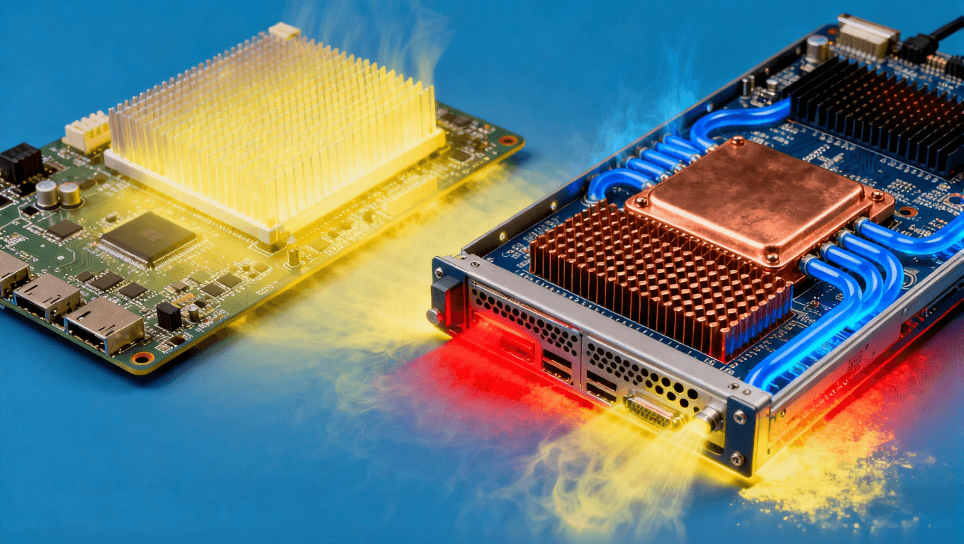 AI服務器PCB復合散熱技術應用，展示金屬基板、散熱過孔與液冷系統在高溫環境下的協同工作