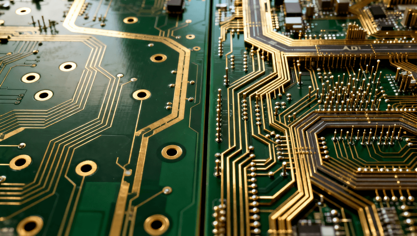 高密度互連HDI布線在AI服務器PCB中的應用，對比普通PCB寬松布局，突出精密排布與空間優化