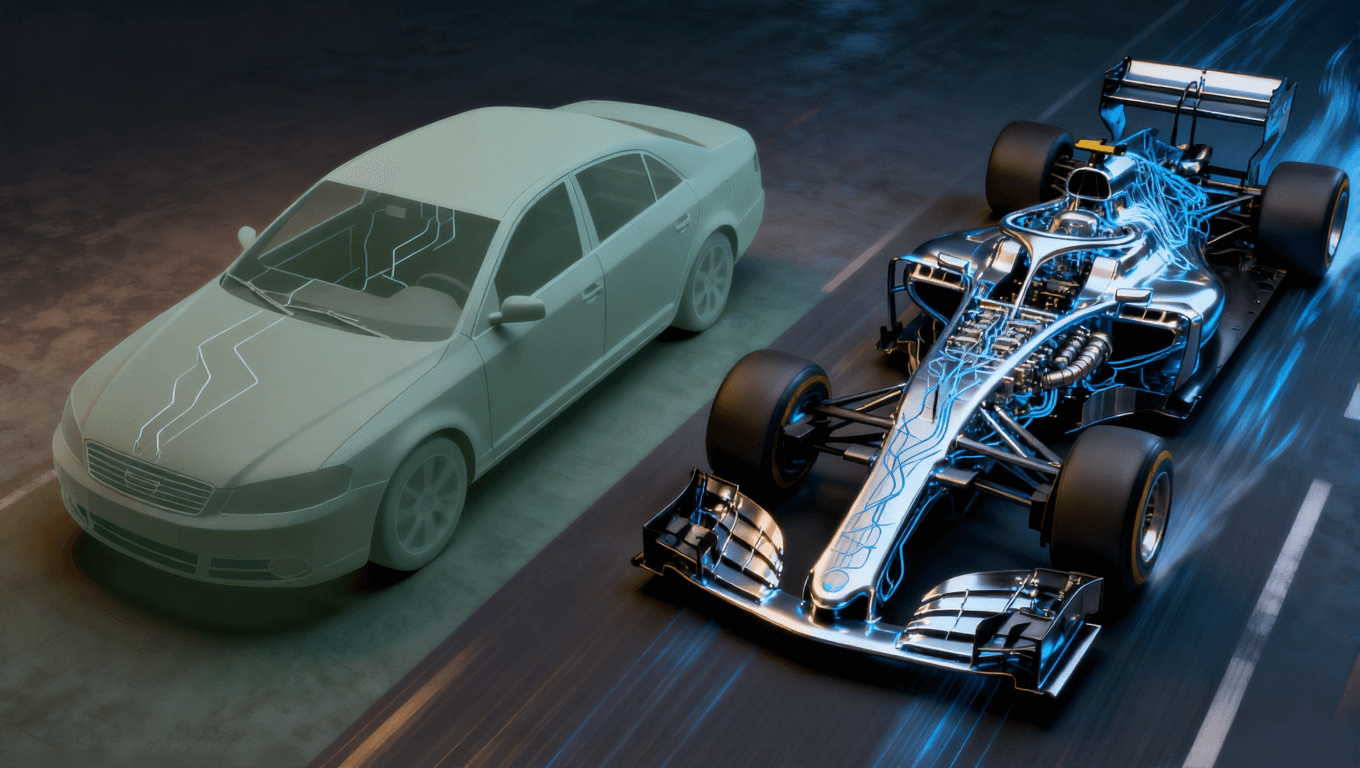 AI服務器PCB與普通PCB算力分級對比視覺圖，通過轎車與賽車的比喻展示性能與設計復雜度差異