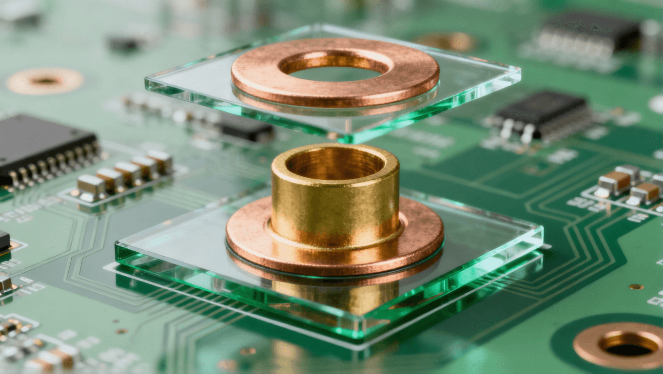 PCB過孔圖，分解展示孔壁、焊盤和阻焊層三要素