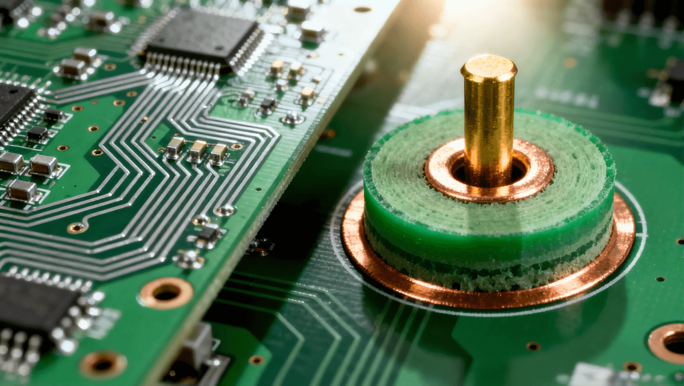 PCB一階過孔橫截面結構示意圖，展示過孔貫穿所有層且僅頂層底層有焊盤