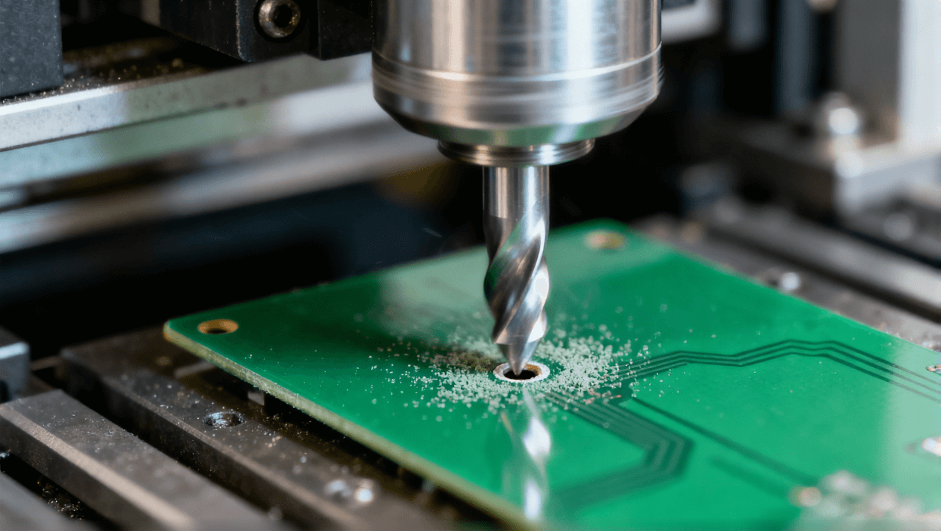 數控鉆頭在PCB板上鉆孔的瞬間，展示一階過孔制造工藝