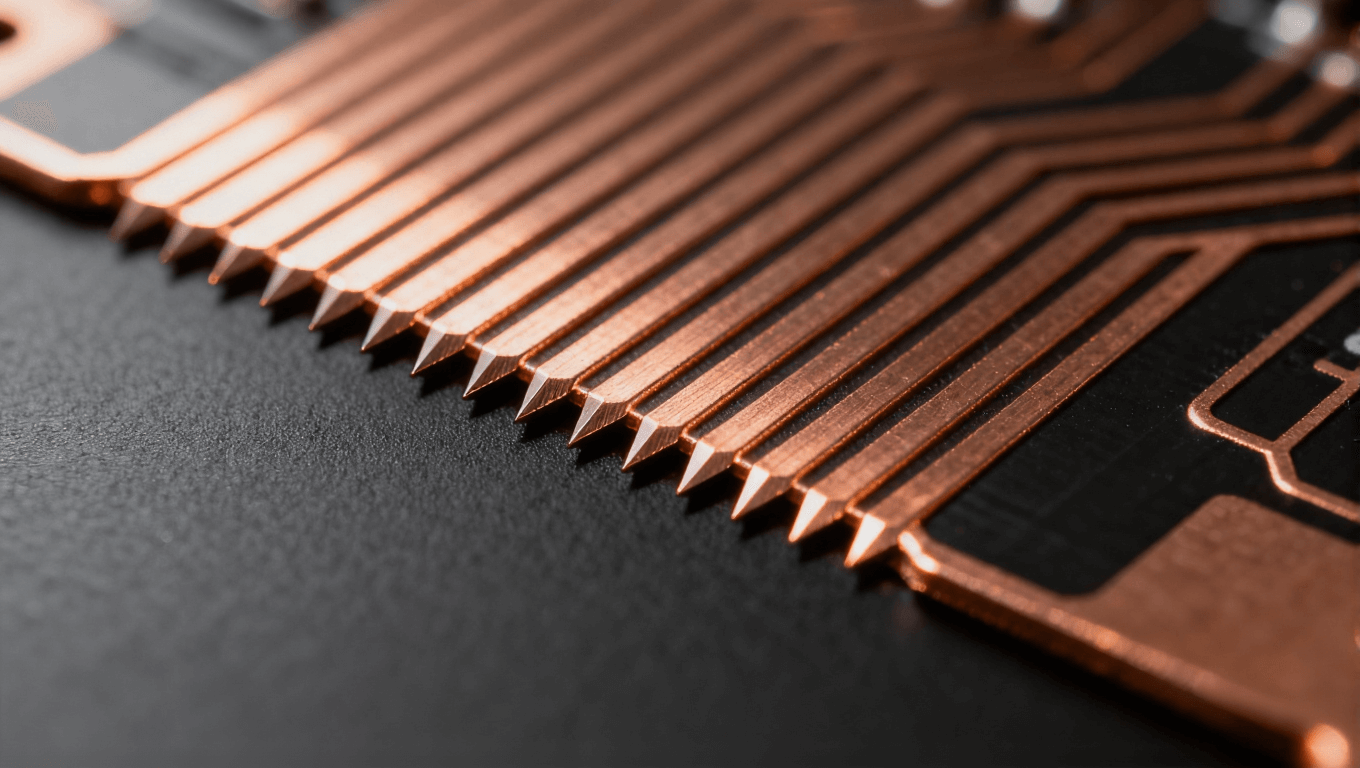 高密度PCB線路微觀視圖，展示精細線寬與間距控制，適用于HDI板和5G設備應用