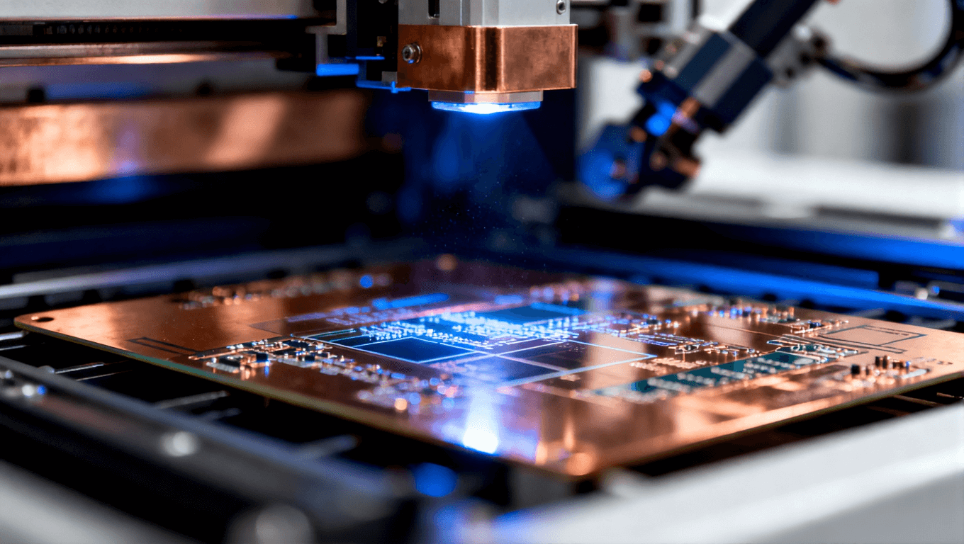 PCB圖形轉移曝光過程，菲林與基材在紫外線照射下進行線路復刻，體現高精度制造場景