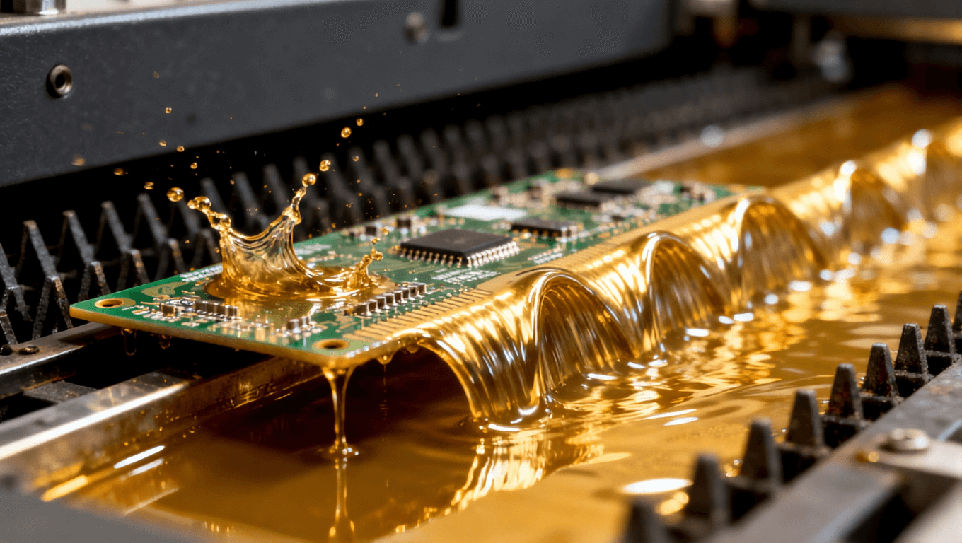 波峰焊過程中液態(tài)焊料波峰與PCB接觸的動(dòng)態(tài)瞬間，突出焊接工藝的流體特性