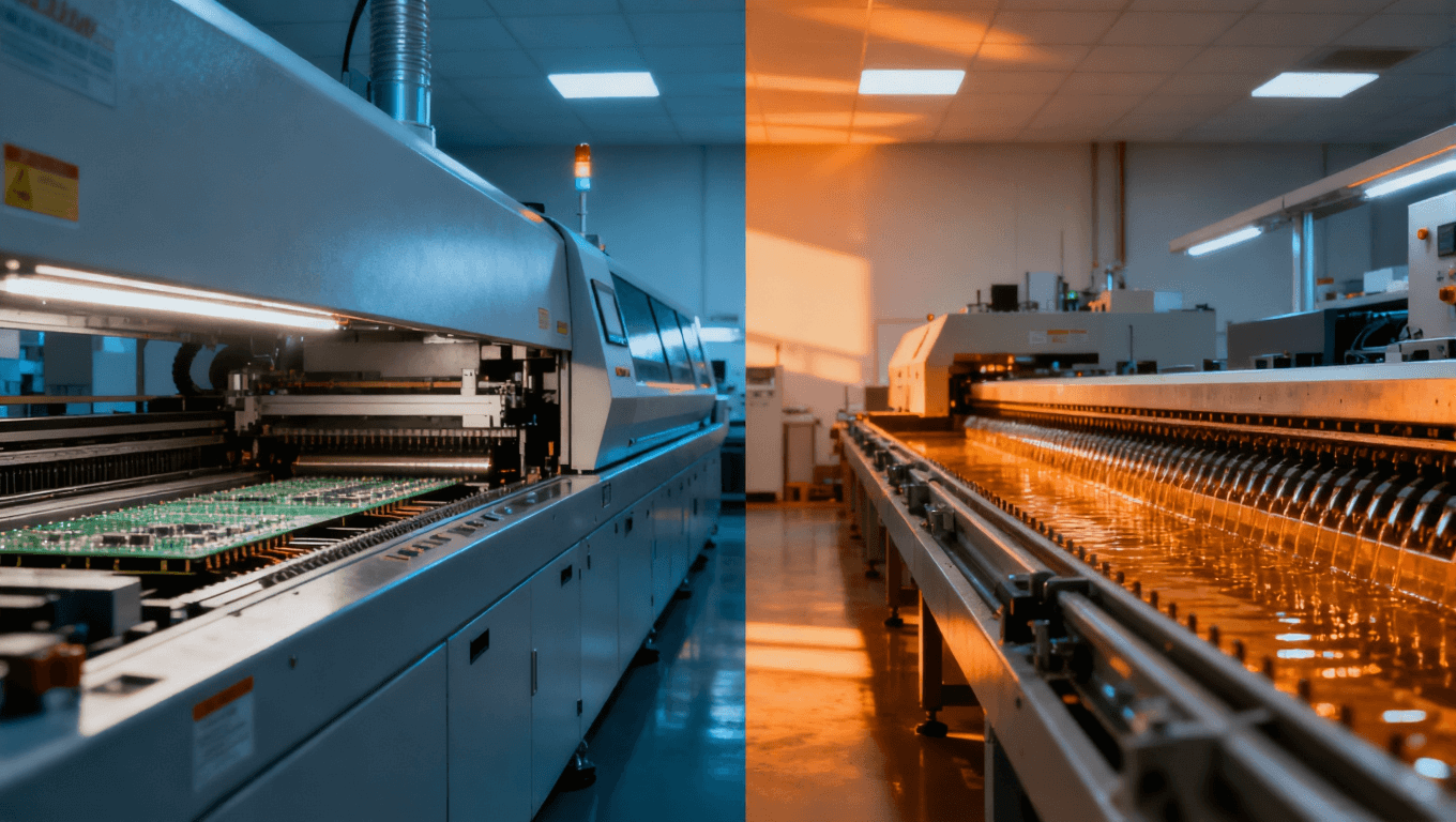 回流焊與波峰焊設(shè)備結(jié)構(gòu)對(duì)比示意圖，象征兩種工藝的成本與精度差異