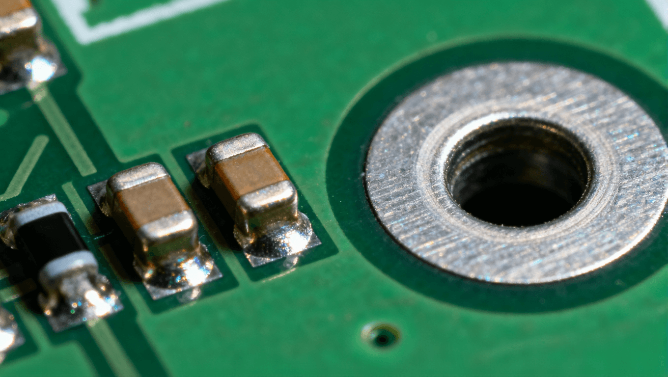 SMT貼片元件與THT插件元件焊點(diǎn)結(jié)構(gòu)對(duì)比微距圖，展現(xiàn)二維與三維焊接形態(tài)差異