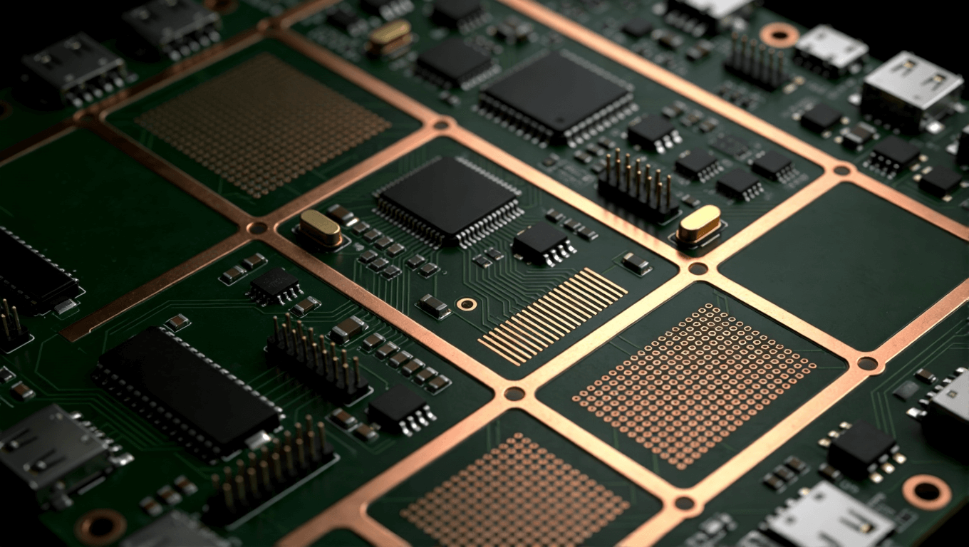 機器人主控板精密分區布局與散熱設計的俯視示意圖，體現高密度布線的秩序與規劃