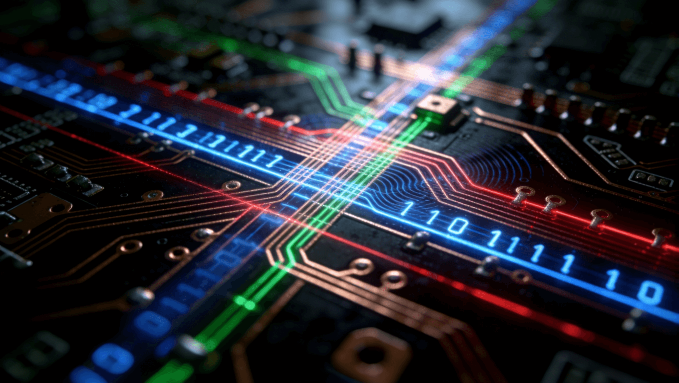 高密度布線中信號串擾挑戰的微距可視化，展示不同類型電流與電磁干擾