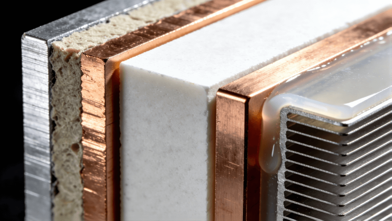 儲能PCB常用高導熱基板與散熱材料展示，包括鋁基、陶瓷基覆銅板和導熱硅膠