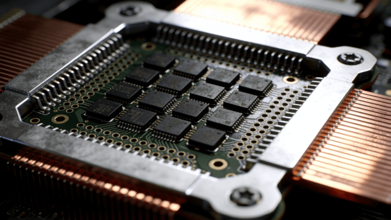 PCB熱管理布局特寫，展示導熱過孔、散熱片與器件分布結構