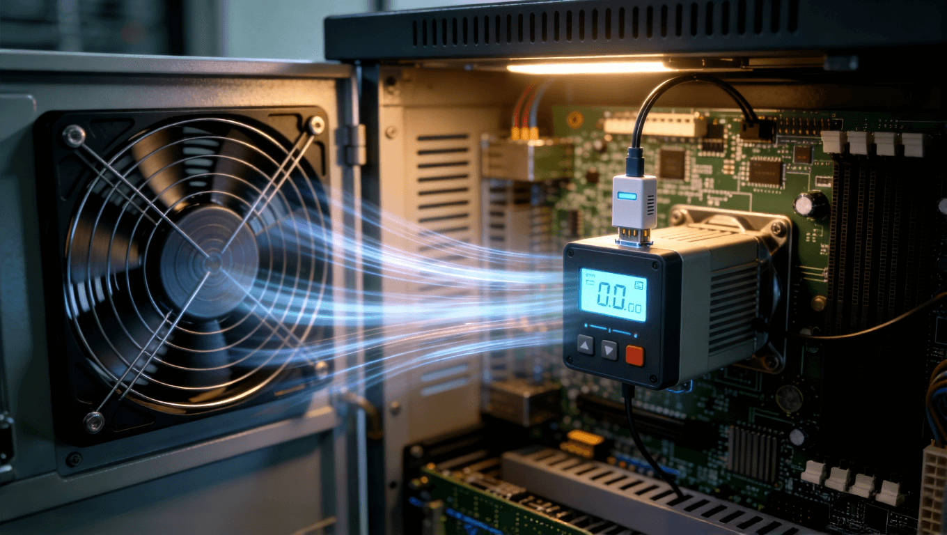 儲能系統智能溫控組件工作示意圖，展示傳感器、控制器與散熱風扇聯動