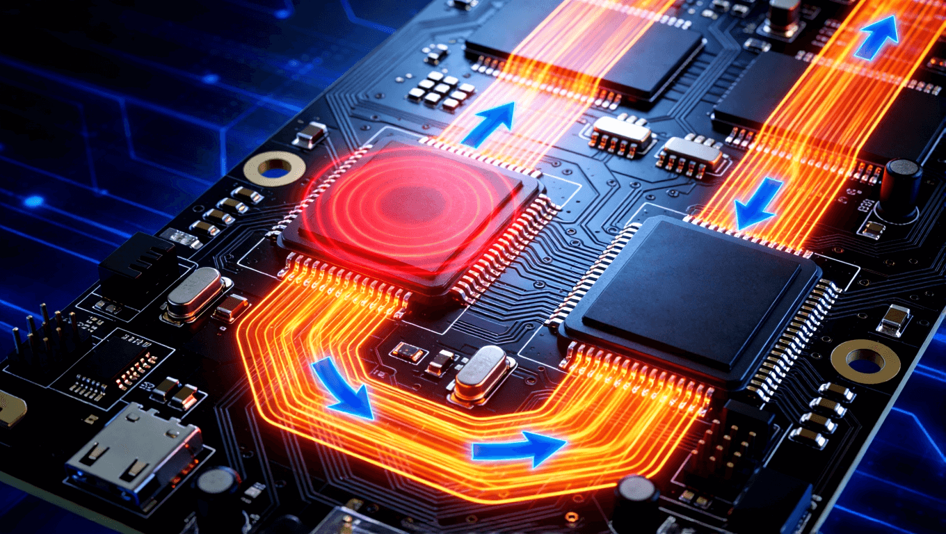 儲能PCB板熱源與傳熱路徑示意圖，展示發熱器件與熱傳導視覺化表達