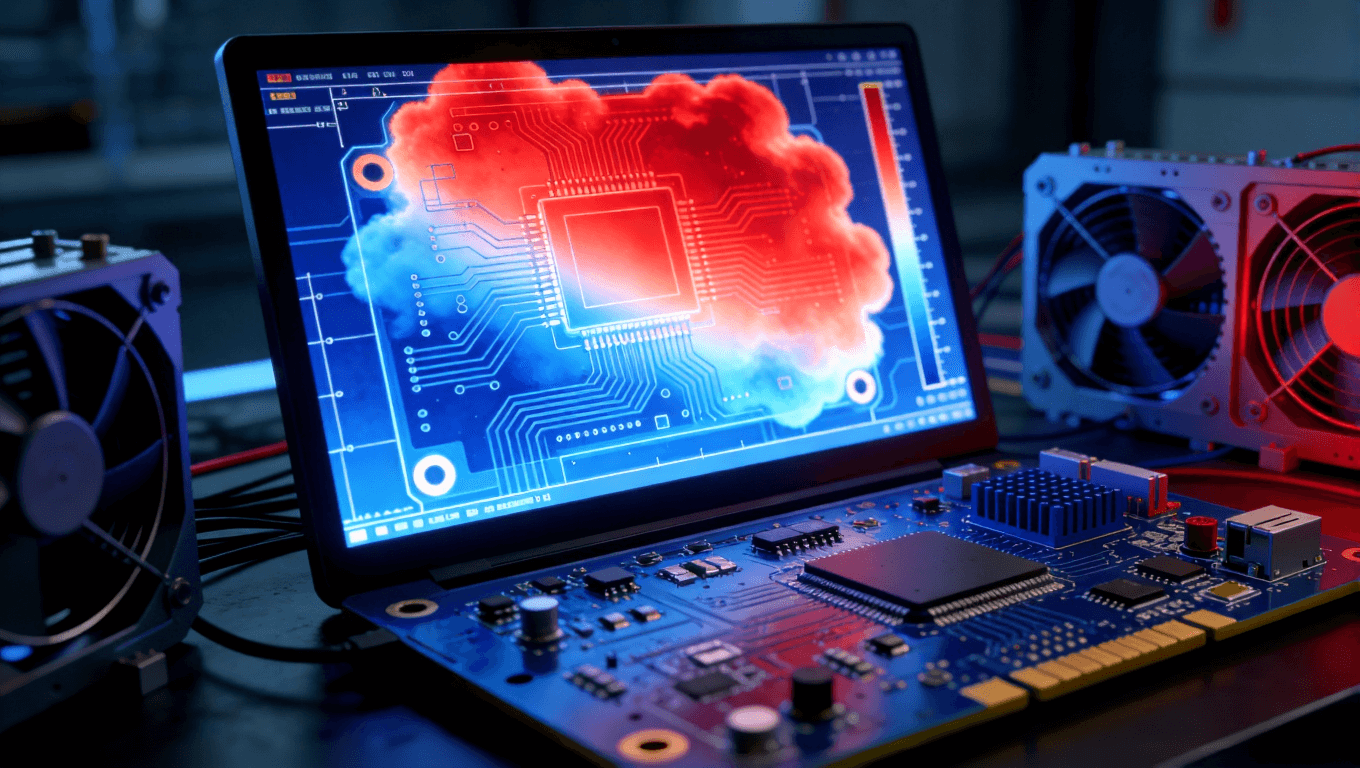 PCB熱仿真溫度分布云圖在電腦界面中的視覺呈現，展示熱點識別與散熱設計