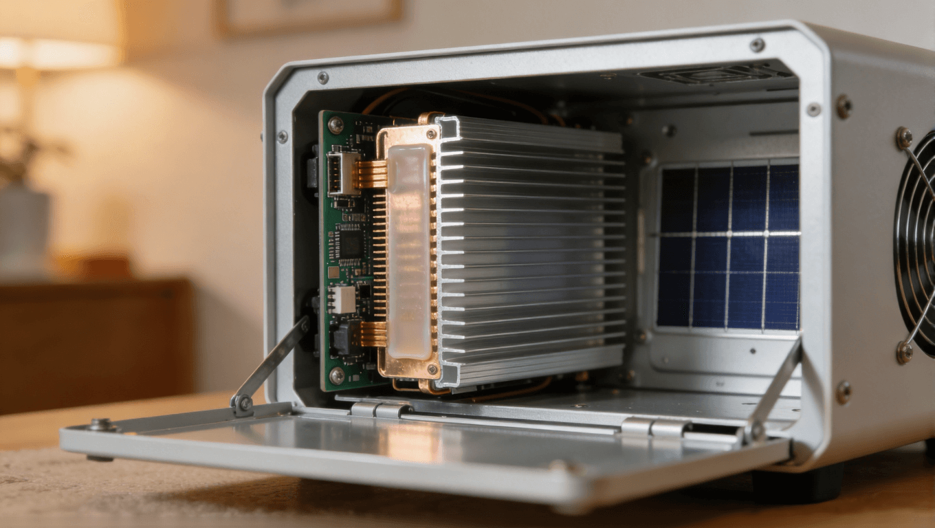 戶用儲能逆變器內部散熱結構特寫，展示PCB集成散熱層與殼體散熱設計