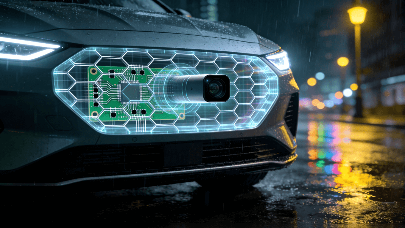 集成于汽車前臉的車規(guī)級激光雷達內(nèi)部PCB半透明視覺效果圖