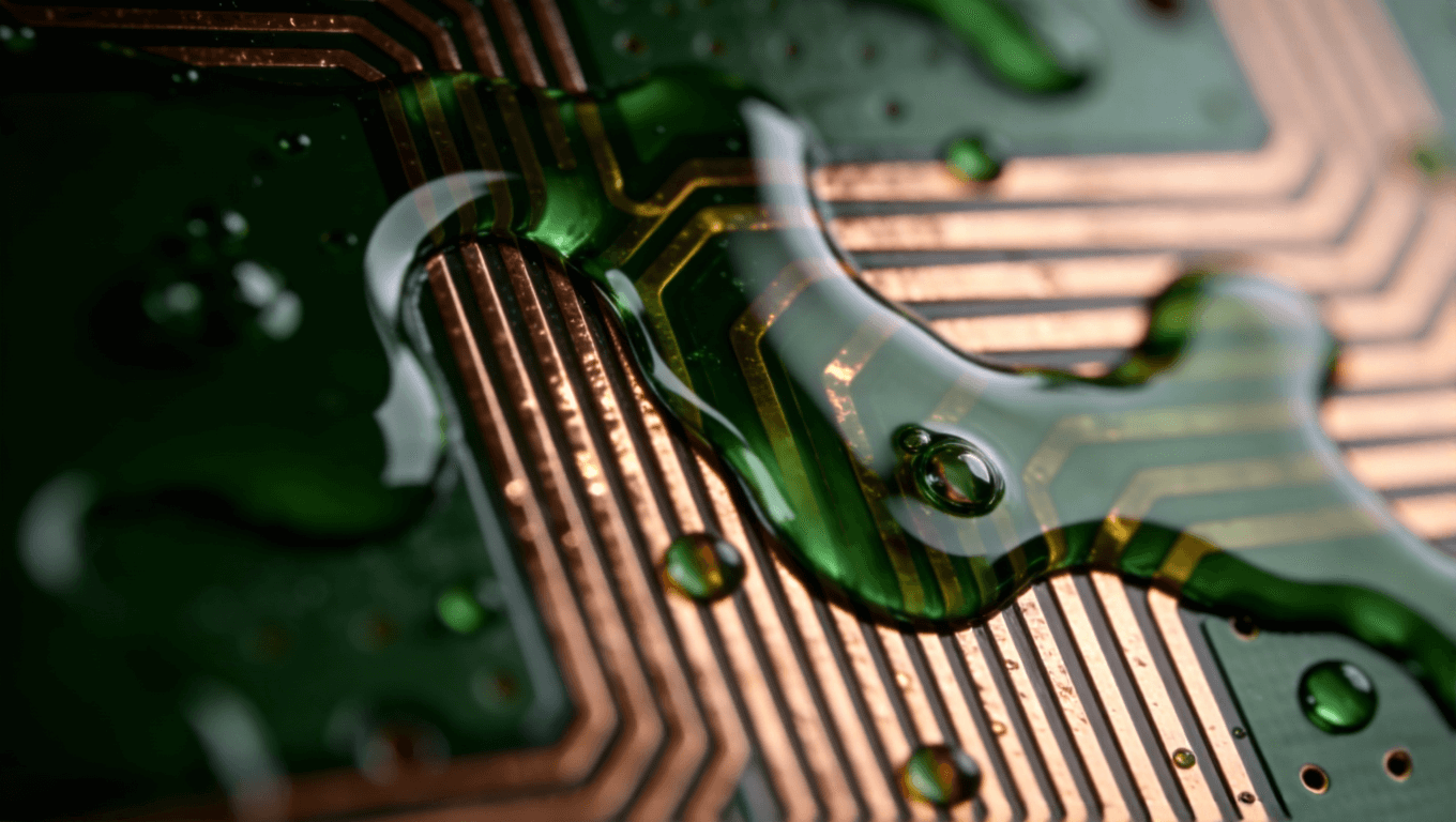 PCB阻焊層涂覆過程抽象特寫，綠色液態阻焊油在銅線上光滑鋪展，呈現光澤質感與流動紋理