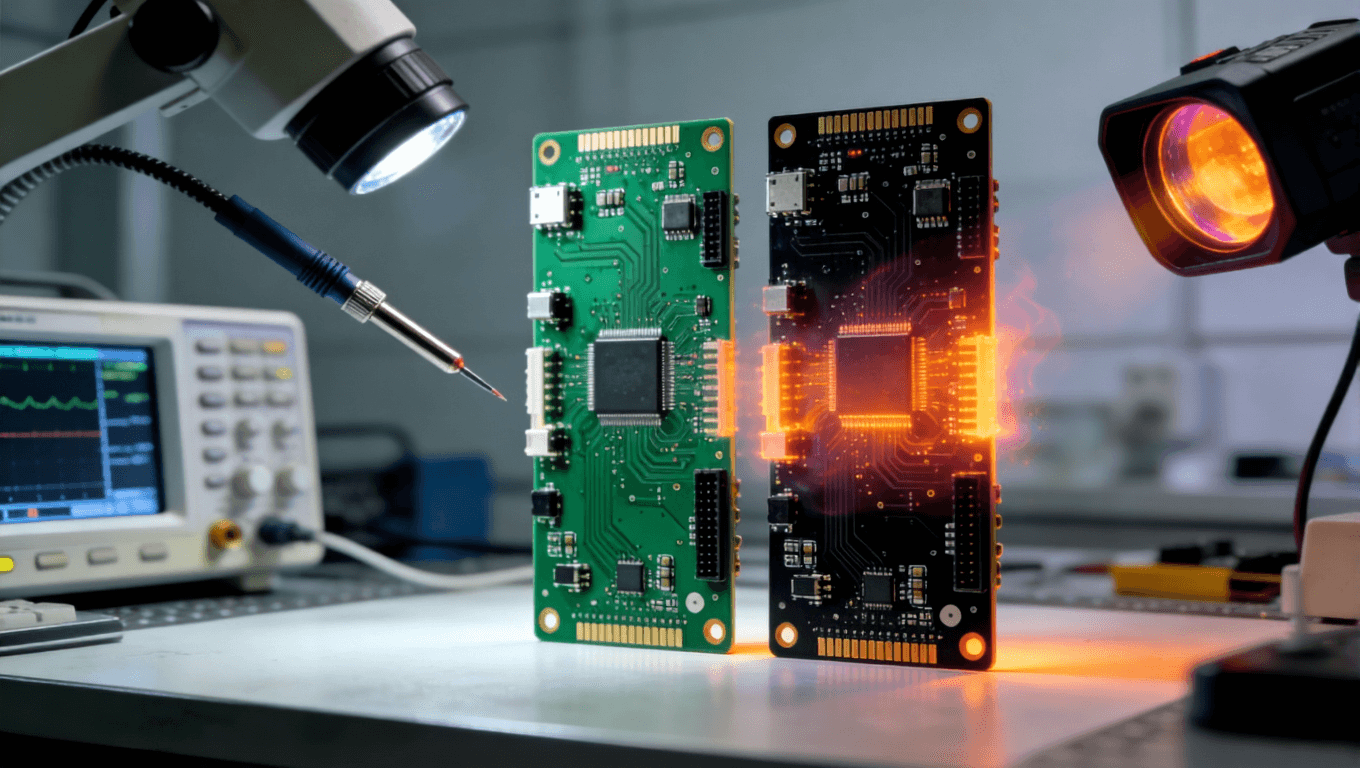 實驗室中綠色與黑色PCB板并排對比測試場景，周圍有示波器探頭和熱像儀鏡頭