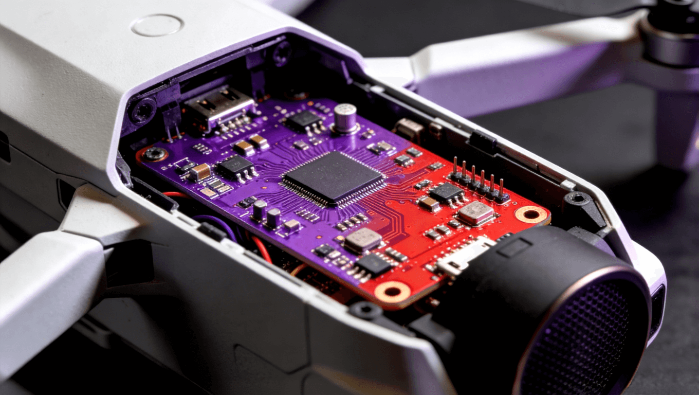 產品拆解藝術圖展示內部紫色或紅色PCB板，組件布局整齊